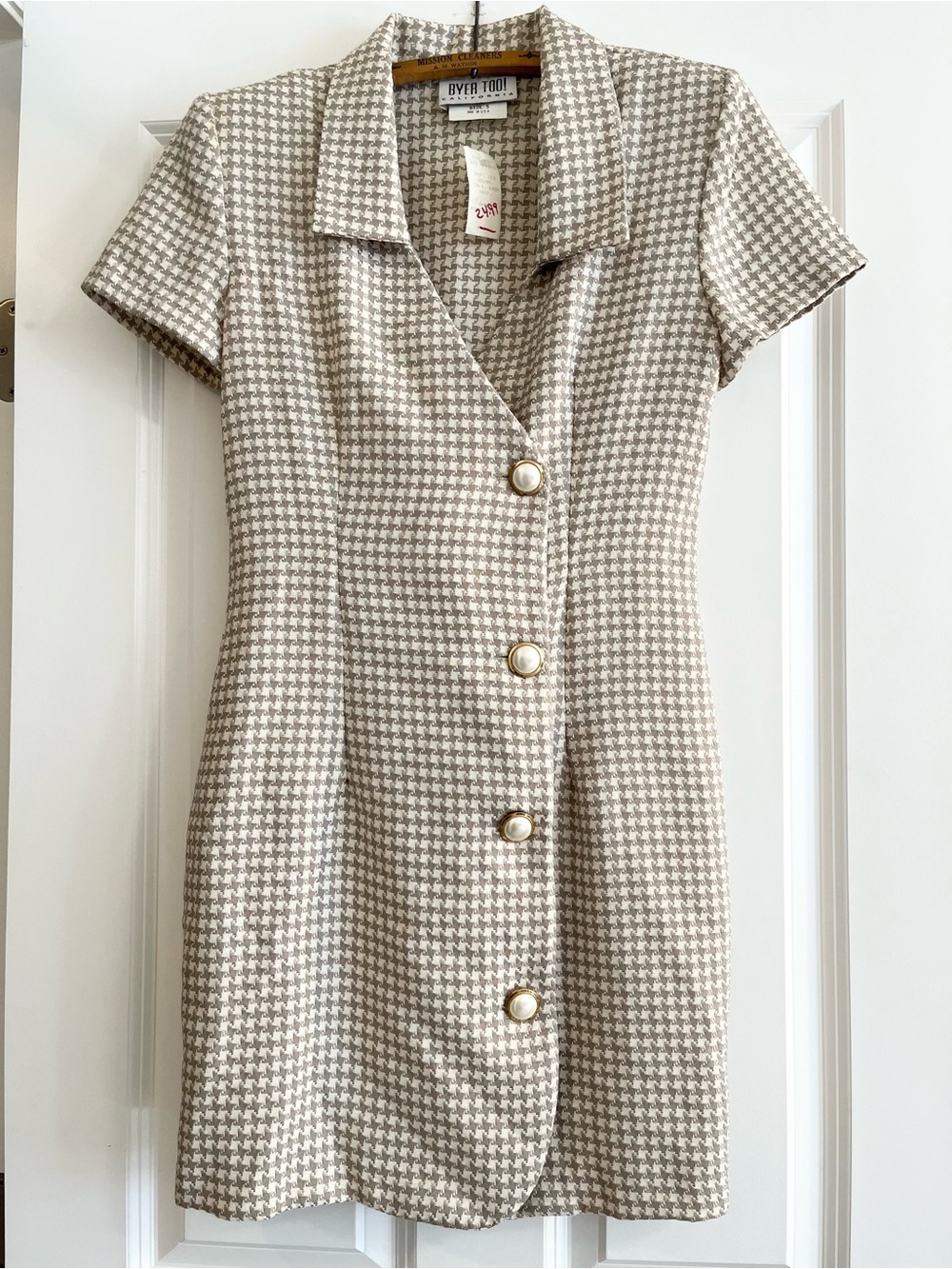 NWT Vintage Cream & Beige Houndstooth Short-Sleeve Button Dress